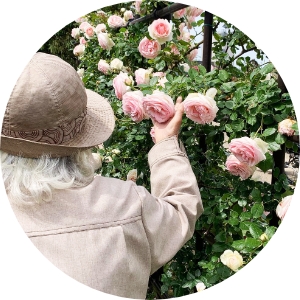 花を触っている年配女性の画像