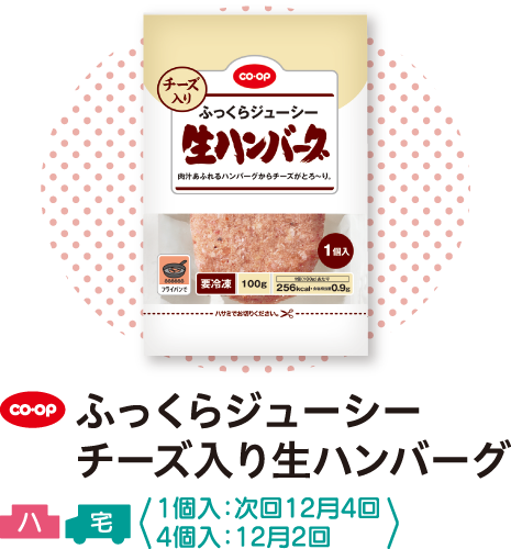 ふっくらジューシーチーズ入り生ハンバーグ 1個入：次回12月4回 4個入：12月2回