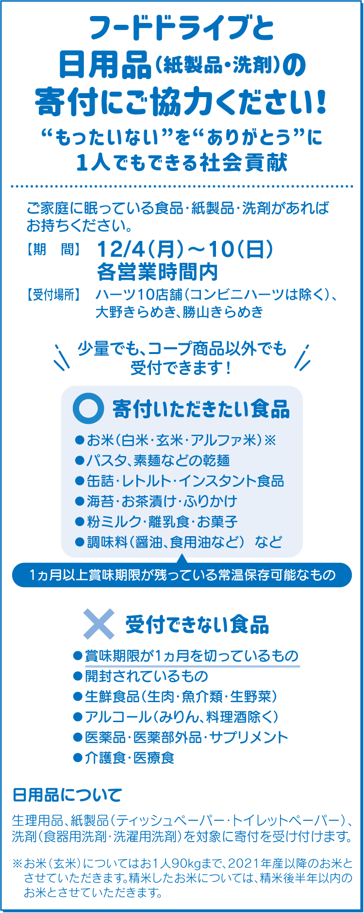 フードドライブと日用品（紙製品・洗剤）の寄付にご協力ください！
