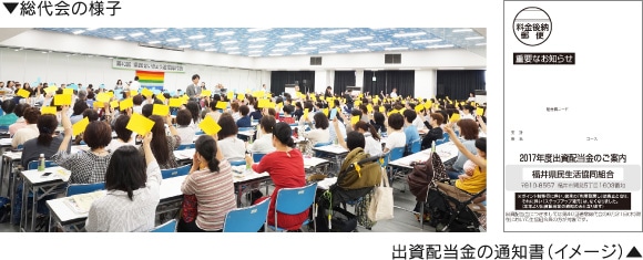 総代会の様子、出資配当金の通知書(イメージ)