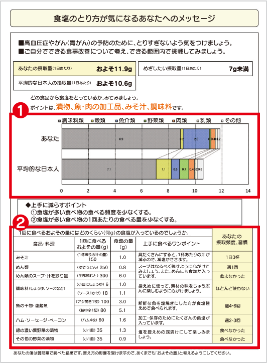 図2　食生活バランス診断（BDHQ）の結果（栄養素編）の一部（サンプル）