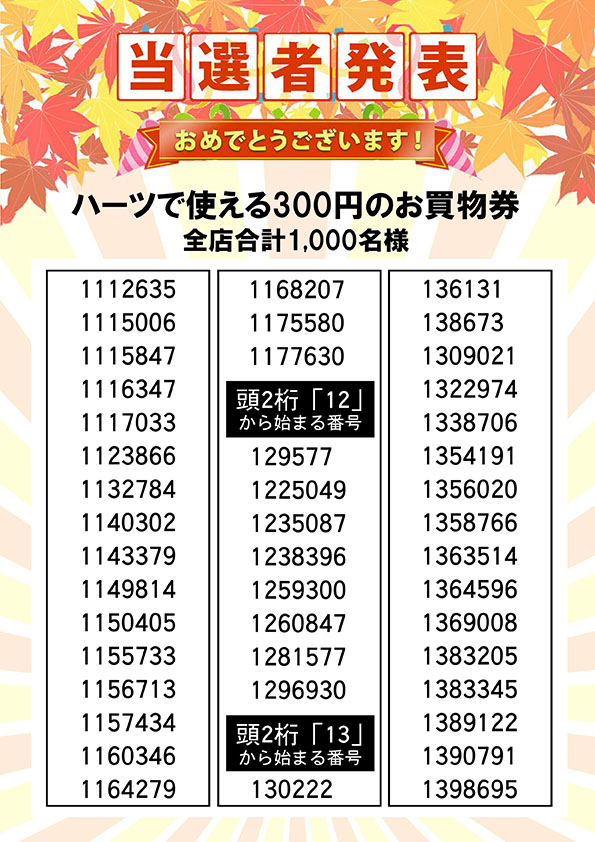 ハーツで使える３００円のお買い物券 当選者発表②