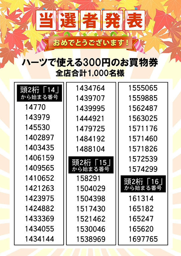 ハーツで使える３００円のお買い物券 当選者発表③