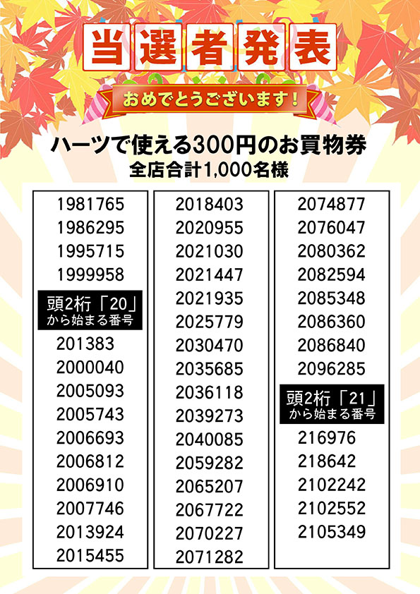 ハーツで使える３００円のお買い物券 当選者発表⑤