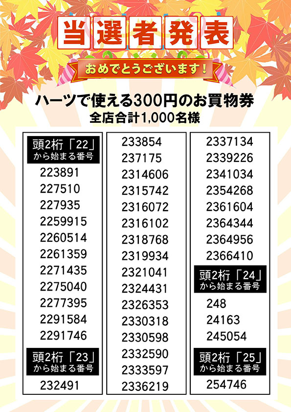 ハーツで使える３００円のお買い物券 当選者発表⑥