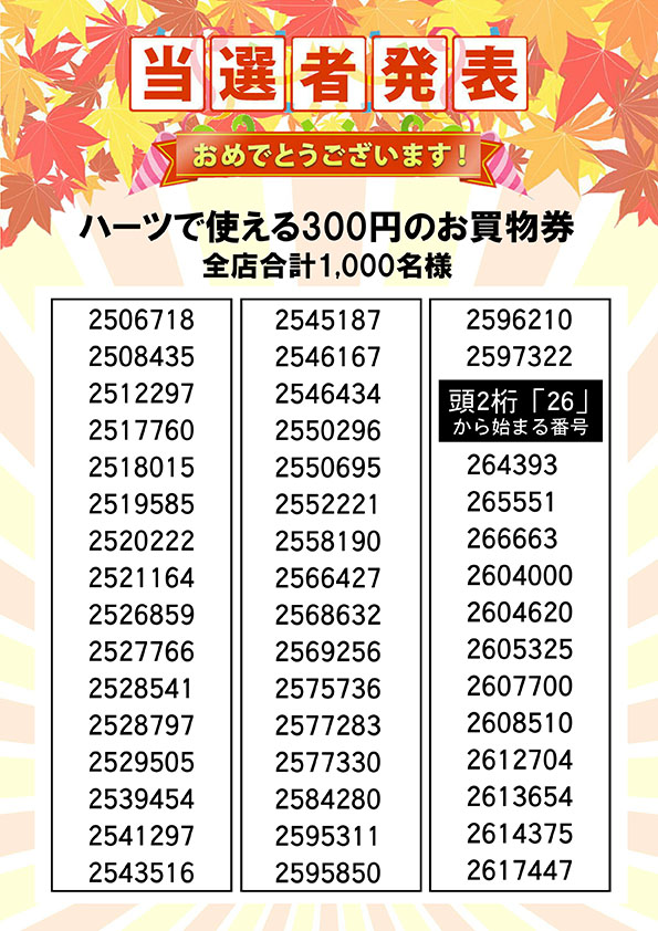 ハーツで使える３００円のお買い物券 当選者発表⑦