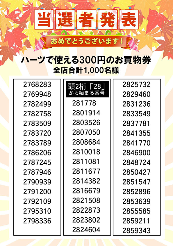 ハーツで使える３００円のお買い物券 当選者発表⑨