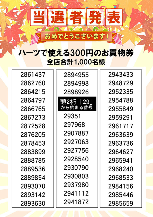 ハーツで使える３００円のお買い物券 当選者発表⑩