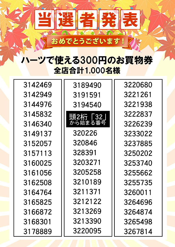 ハーツで使える３００円のお買い物券 当選者発表⑫