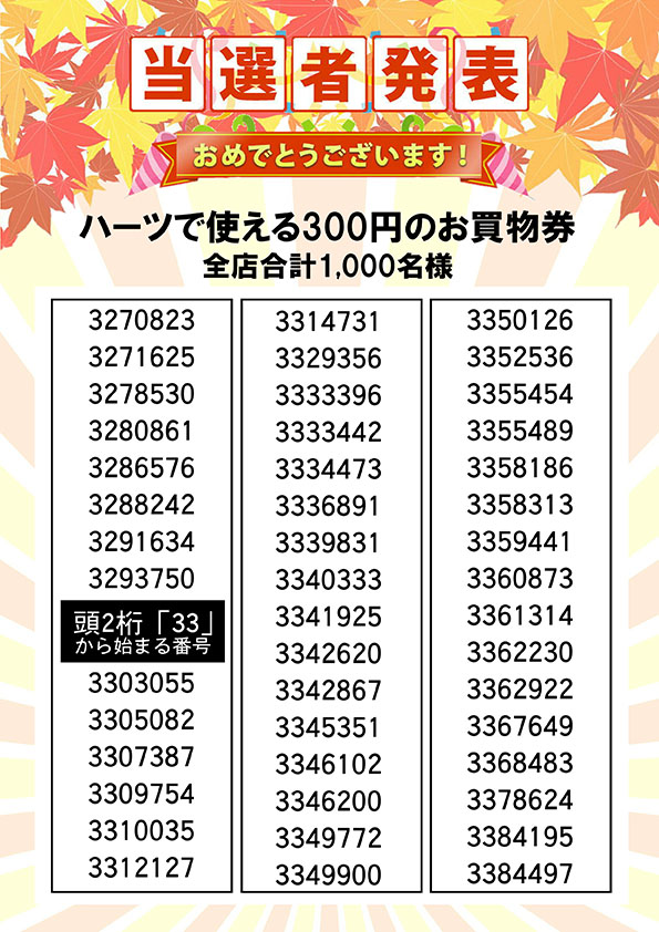 ハーツで使える３００円のお買い物券 当選者発表⑬