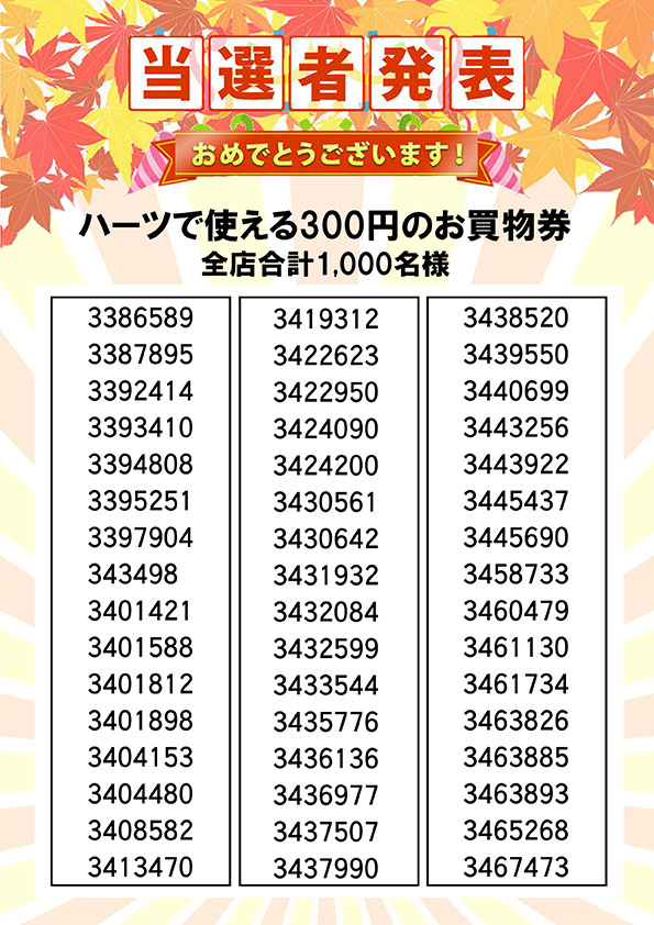 ハーツで使える３００円のお買い物券 当選者発表⑭