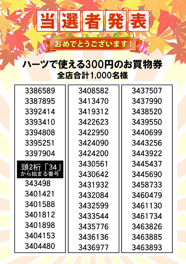 ハーツで使える３００円のお買い物券 当選者発表⑮