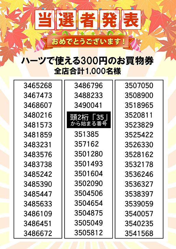 ハーツで使える３００円のお買い物券 当選者発表⑯