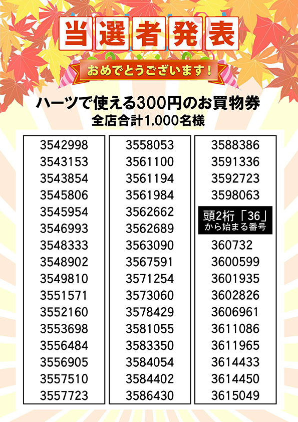 ハーツで使える３００円のお買い物券 当選者発表⑰