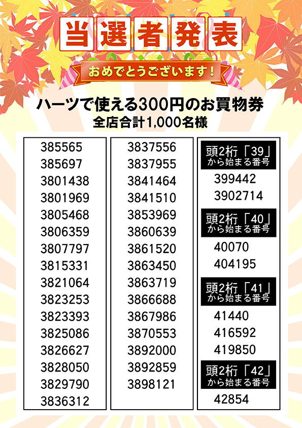 ハーツで使える３００円のお買い物券 当選者発表㉑