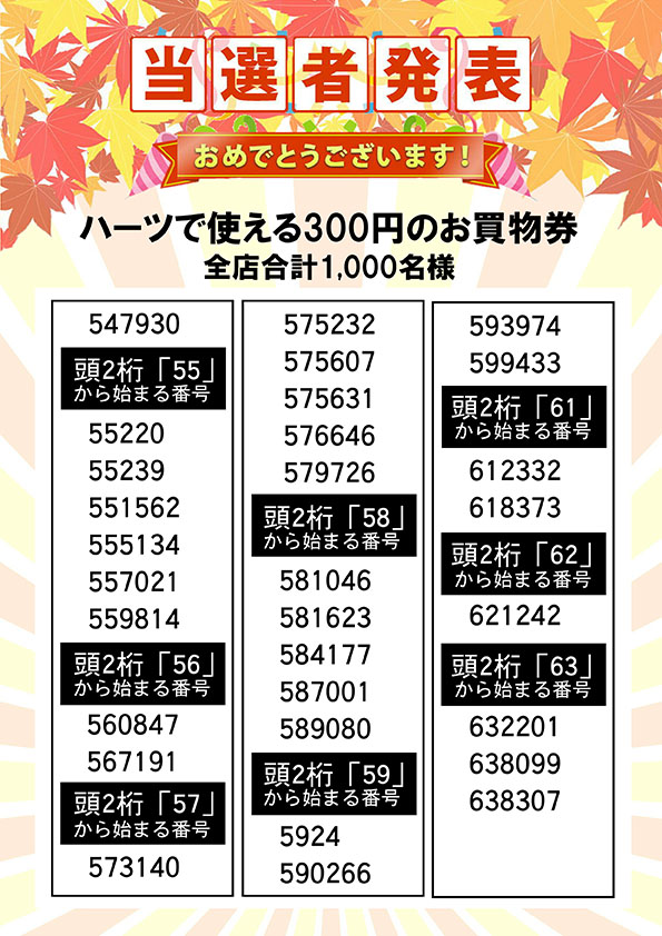 ハーツで使える３００円のお買い物券 当選者発表㉓