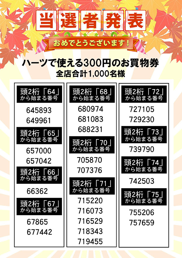 ハーツで使える３００円のお買い物券 当選者発表㉔