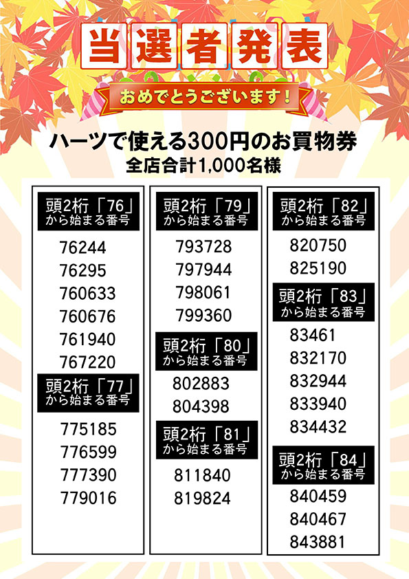 ハーツで使える３００円のお買い物券 当選者発表㉕