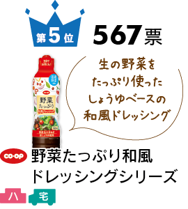 第5位 567票 野菜たっぷり和風ドレッシングシリーズ 生の野菜をたっぷり使ったしょうゆベースの和風ドレッシング